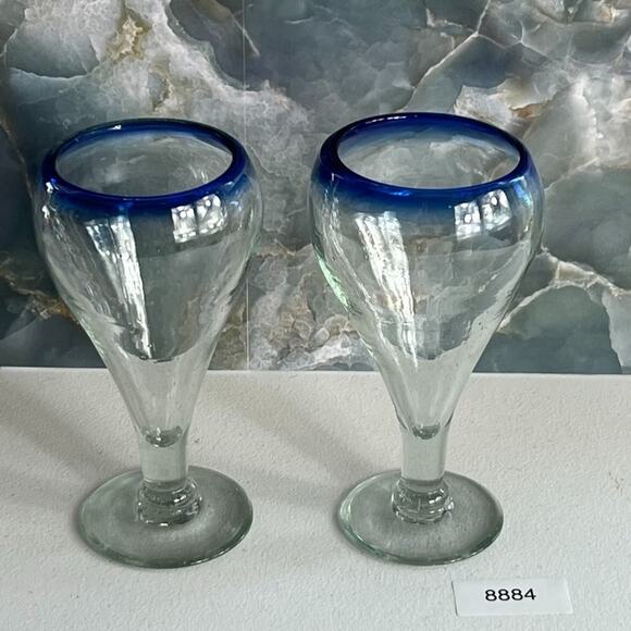 Mexican Hand Blown Cobalt Blue Rim Water Beer Pilsner Goblets 7.75” Tall - Picture 7 of 7